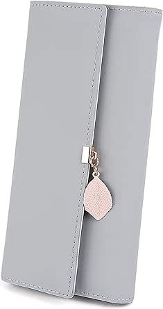 UTO Wallet for Women PU Leather Leaf Pendant Card Holder Phone Checkbook Organizer Zipper Coin Purse