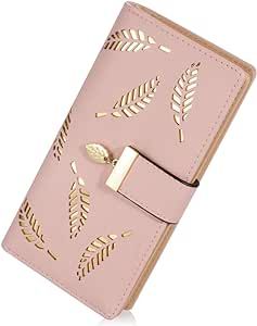 Sweet Cute Chocolate Women's Long Leaf Bifold Wallet Leather Card Holder Purse Zipper Buckle Elegant Clutch Wallet Handbag for Women - Pink